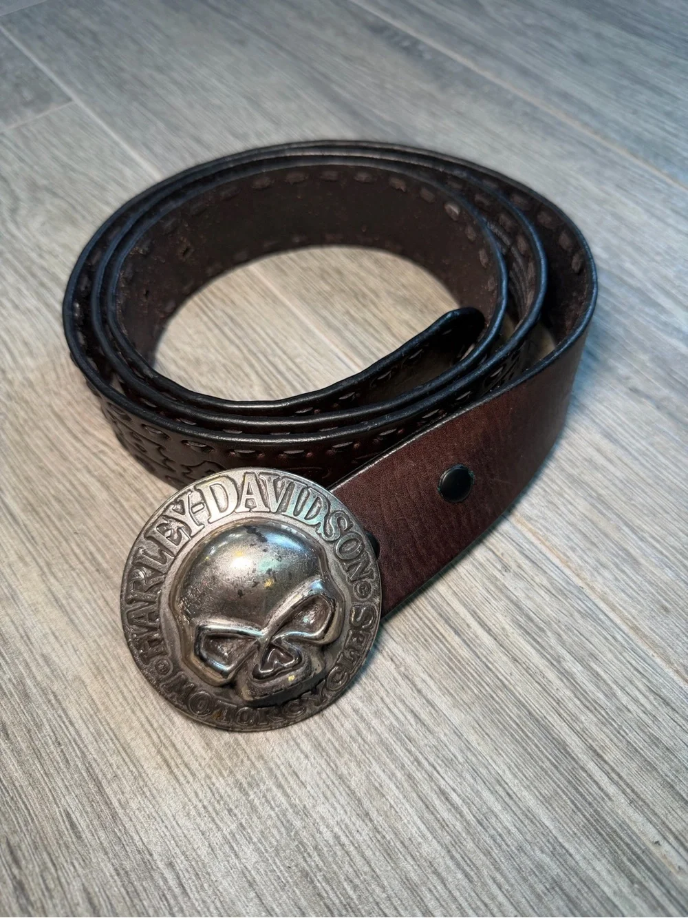 Harley Davidson Vintage Willie G Belt And Buckle Chrome Skull Motorcycle Y2K 46